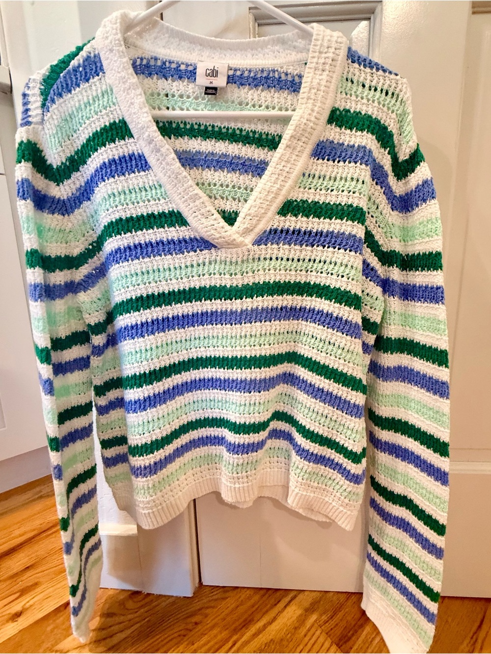 CAbi Striped V‑Neck Sweater in White, Blue & Green